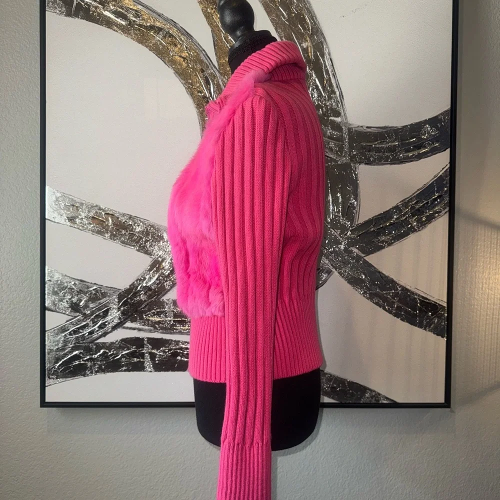 Vintage Jennyfer J Pink Rabbit Fur & Knit Zip-Up Jacket - Picture 4 of 6